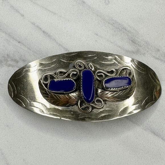 Vintage Hecho Mexico Silver Tone Lapis Lazuli Wirework Feather Hair Barrette ✨